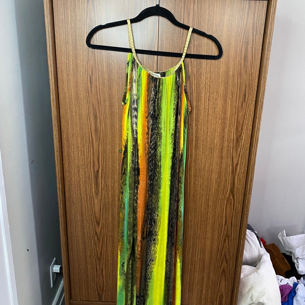 Ace Fashion Maxi Dress Womens Large Green Orange Braided Gold Straps boho